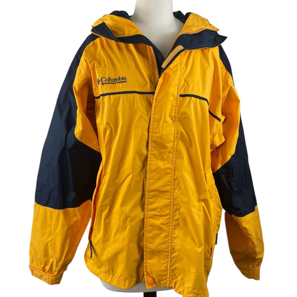 Columbia Unisex Yellow‎ and Navy Raincoat with hood , Size Small
